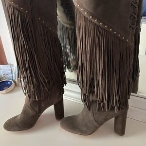 INC International Concepts Brown Suede Fringe Heeled Boots